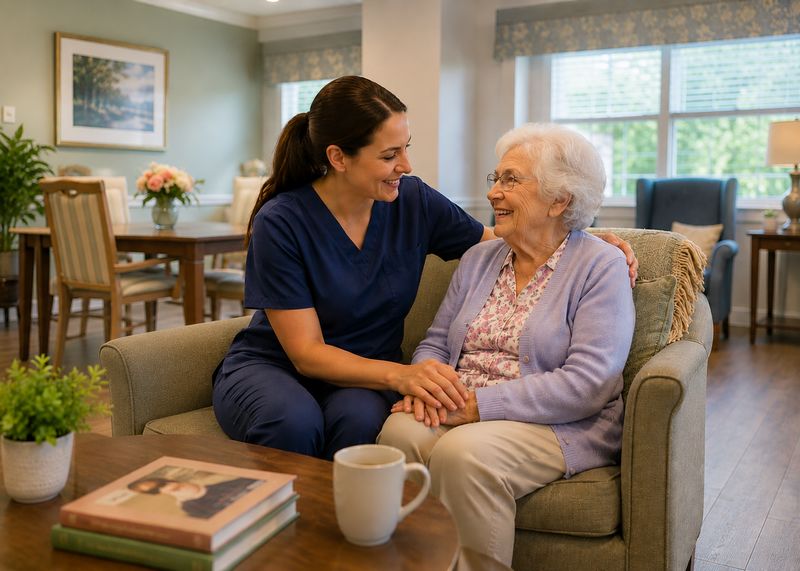 Caring staff with resident at The Waters of Syracuse